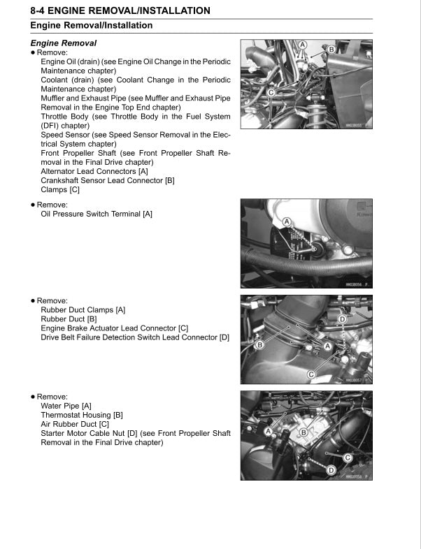 Technical diagram of engine removal and installation process with step-by-step instructions and images.