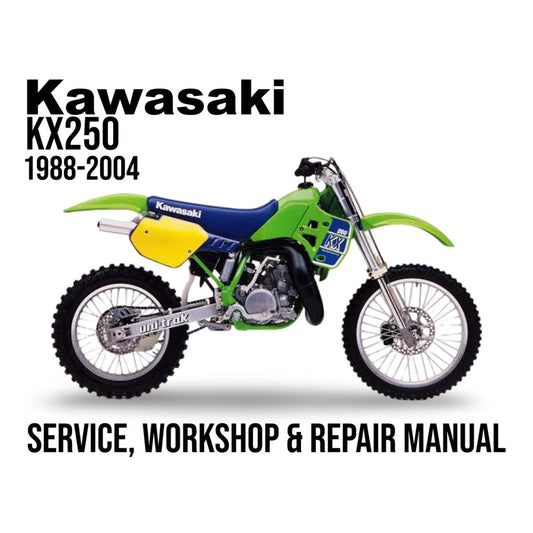 Kawasaki KX250 1988-2004 service, workshop & repair manual cover with motorcycle illustration.