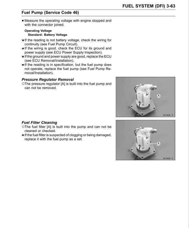 Technical manual page on fuel system diagnostics with text and images of a fuel pump.