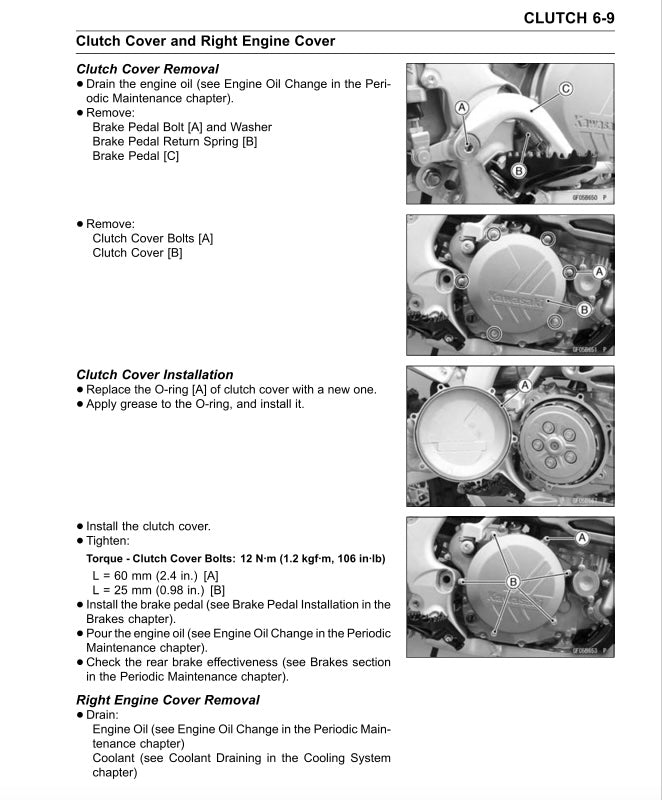Technical manual page for clutch cover and right engine cover removal and installation with step-by-step instructions and diagrams.
