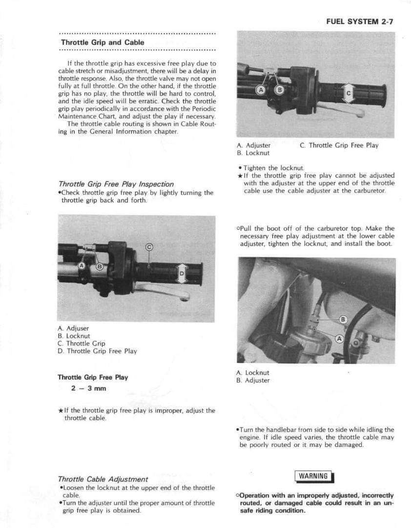 Technical manual page on throttle grip and cable adjustment with illustrations and text.