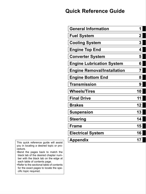 Table of contents for a quick reference guide on automotive systems.