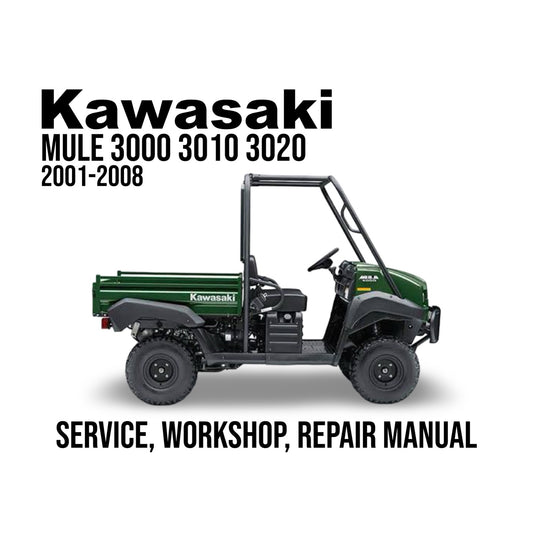 Kawasaki Mule 3000 3010 3020 service, workshop, repair manual cover with green utility vehicle on white background.