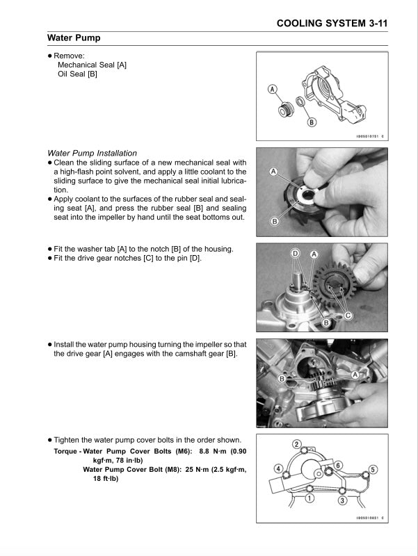 Technical manual page for water pump installation with step-by-step instructions and diagrams.