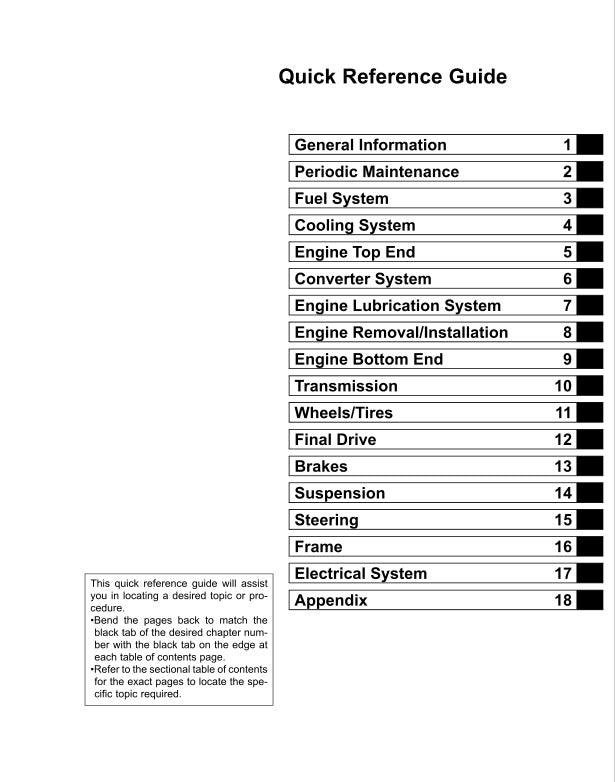 Table of contents for a quick reference guide on vehicle maintenance.