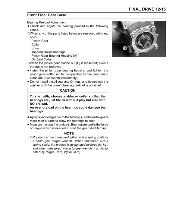 Technical manual page on front final gear case with text and a gear image.
