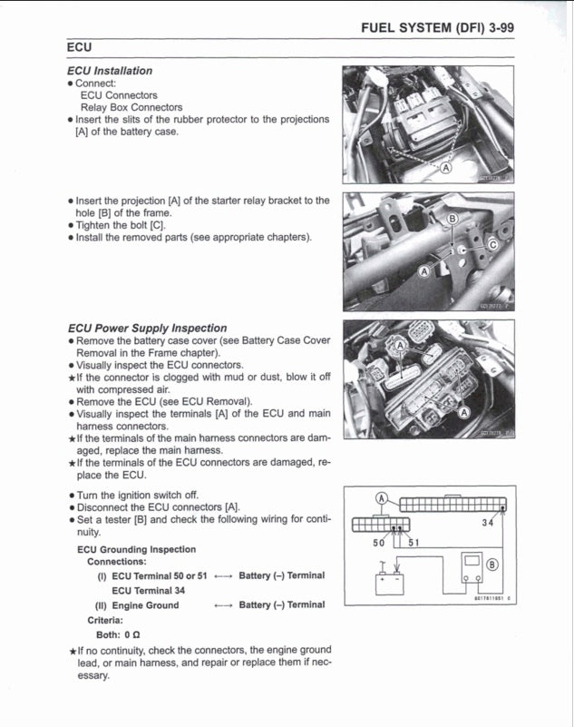 Technical manual page on fuel system ECU installation with text and diagrams.