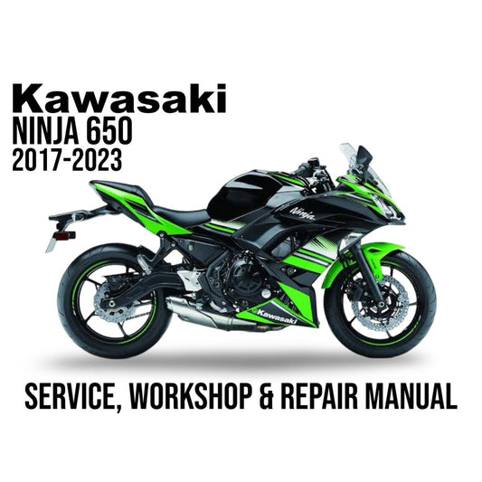 Kawasaki Ninja 650 motorcycle on a white background with text about service, workshop, and repair manual.