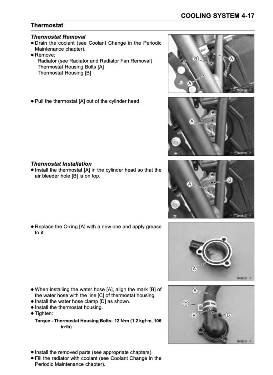 Technical diagram of thermostat removal and installation on a cooling system.