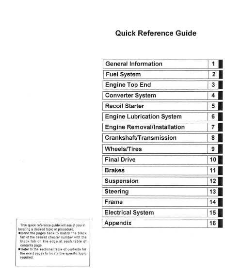 Table of contents for a quick reference guide on various vehicle systems.