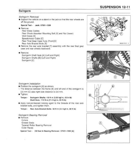 Technical manual page on swingarm removal and installation with diagrams and text.