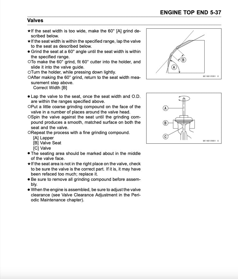 Technical manual page on engine top end valve adjustments with text and diagrams.