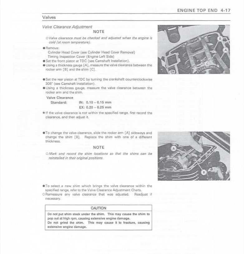 Technical manual page on valve clearance adjustment with text and diagrams.