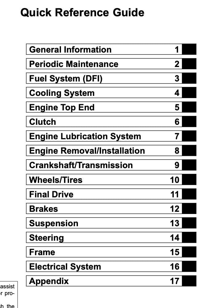Table of contents for a quick reference guide on automotive maintenance topics.