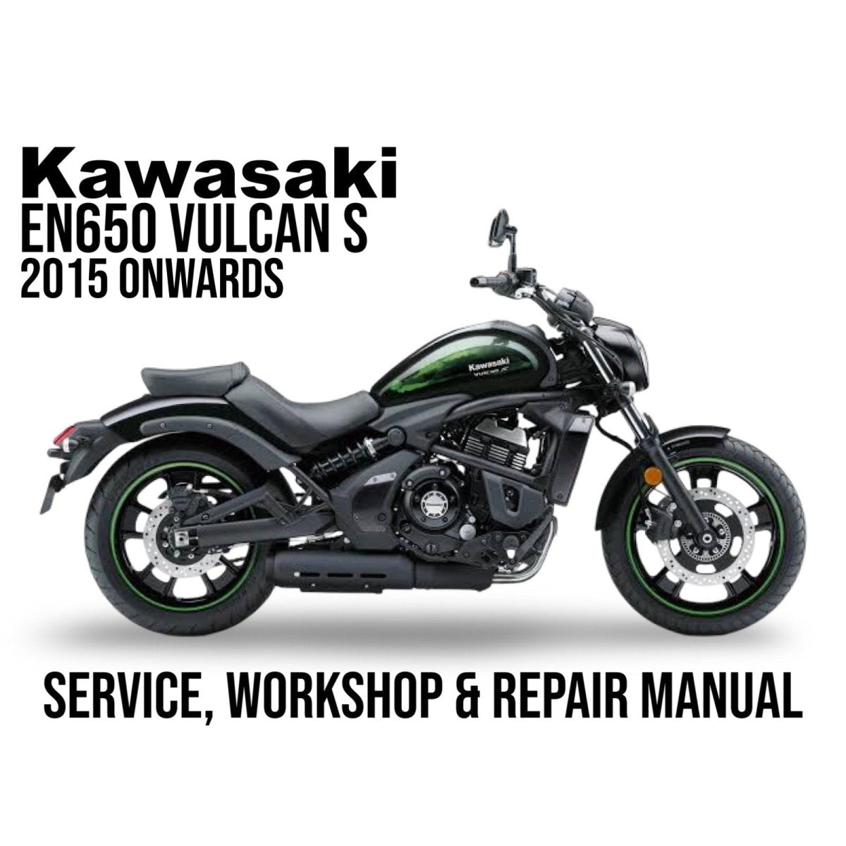 Kawasaki EN650 Vulcan S motorcycle on a white background with text about a service, workshop, and repair manual.