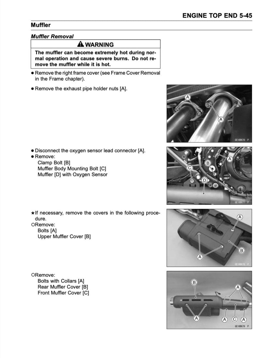 Technical diagram and instructions for muffler removal on a vehicle, with text and labeled illustrations.