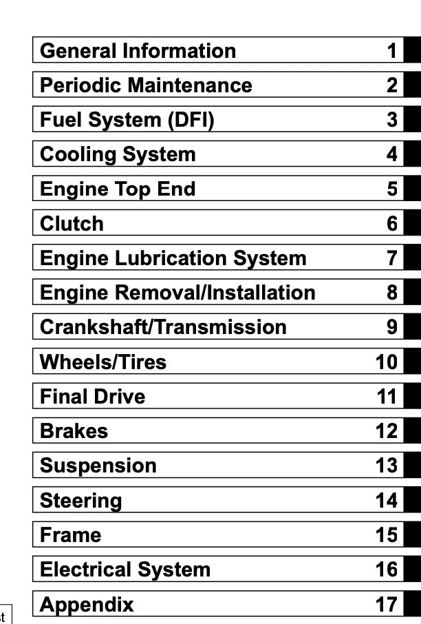 Table of contents for a mechanical repair manual with chapter titles.