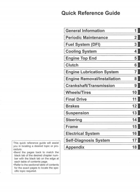 Table of contents for a quick reference guide on automotive maintenance topics.