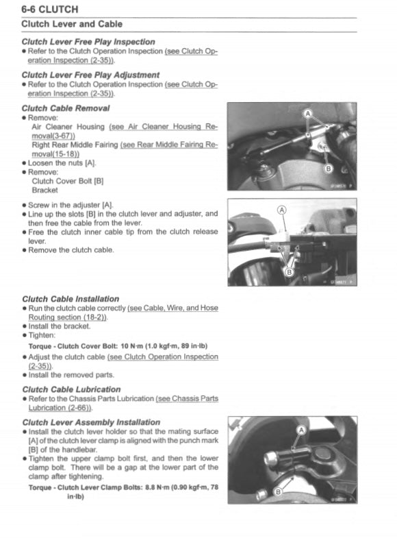 Technical manual page for clutch lever and cable inspection and installation on a motorcycle.