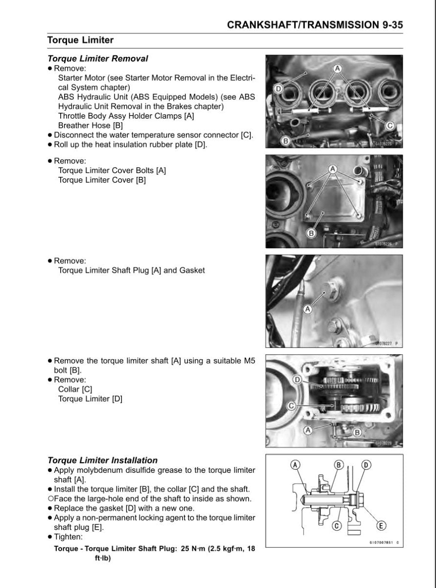 Technical diagram and instructions for torque limiter removal and installation on a crankshaft/transmission system.