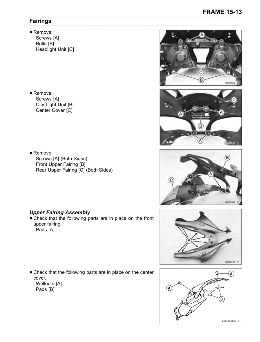 Motorcycle fairing removal instructions with diagrams on a white background