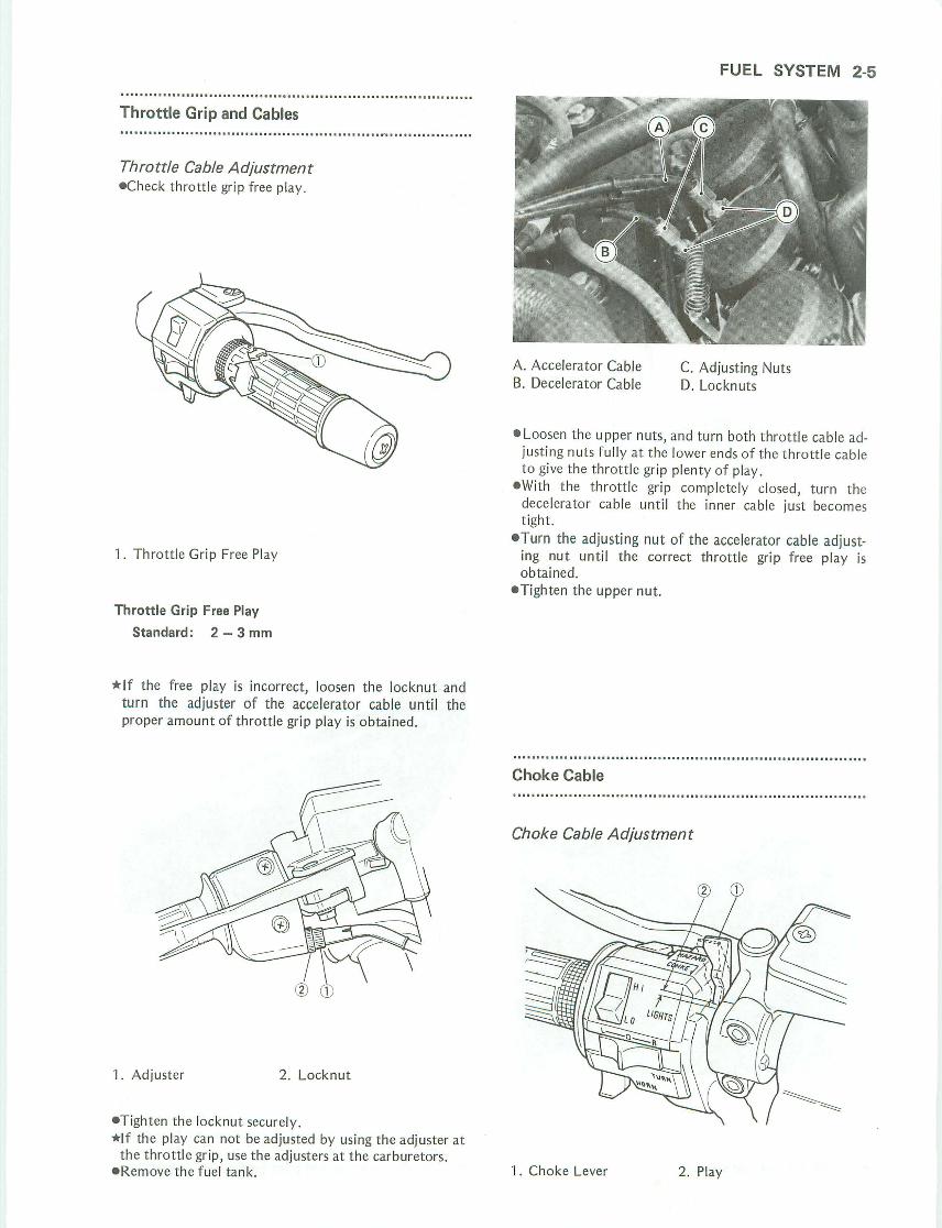 Technical manual page with throttle grip and cables diagram and text instructions.