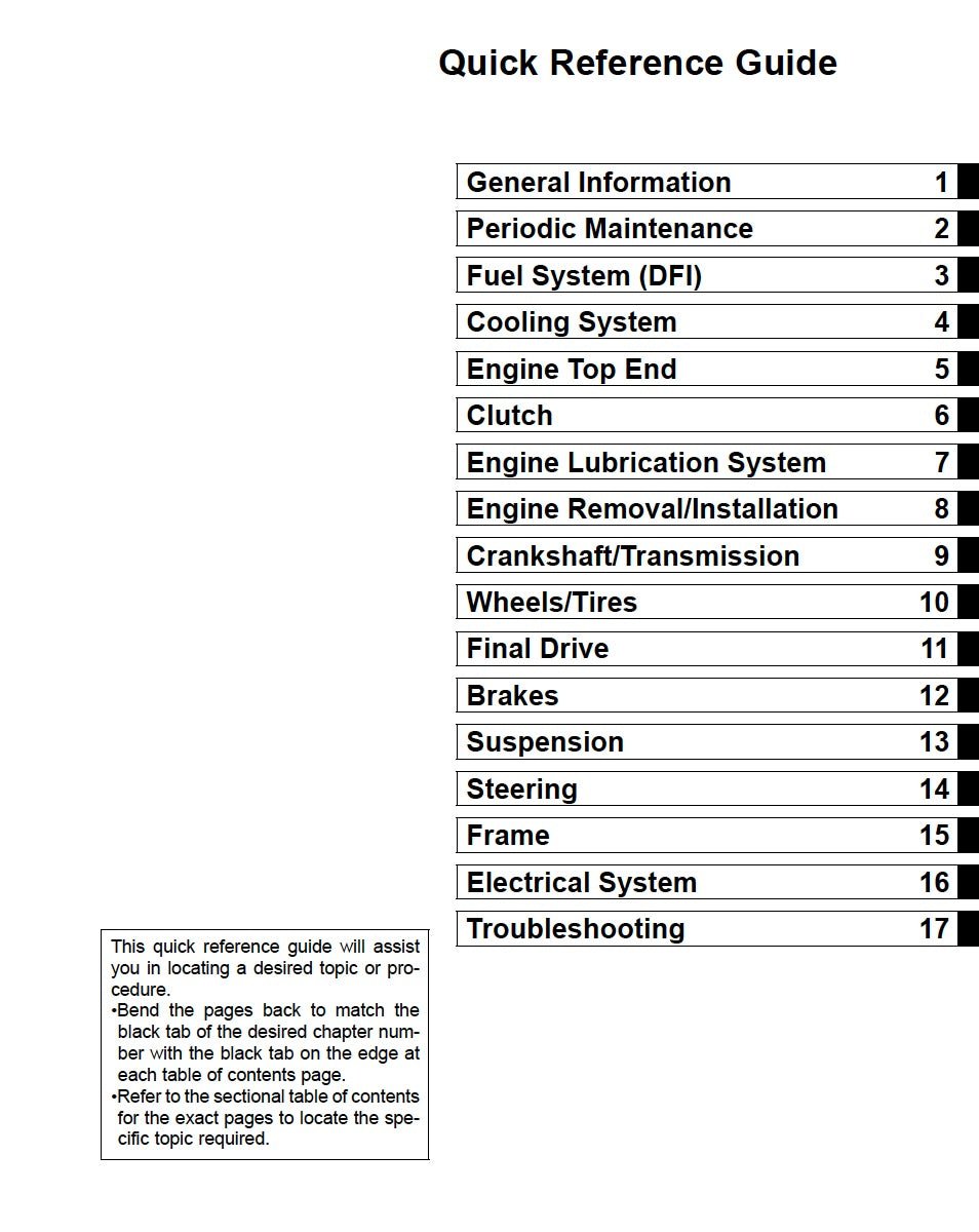 Table of contents for a quick reference guide on vehicle maintenance topics.