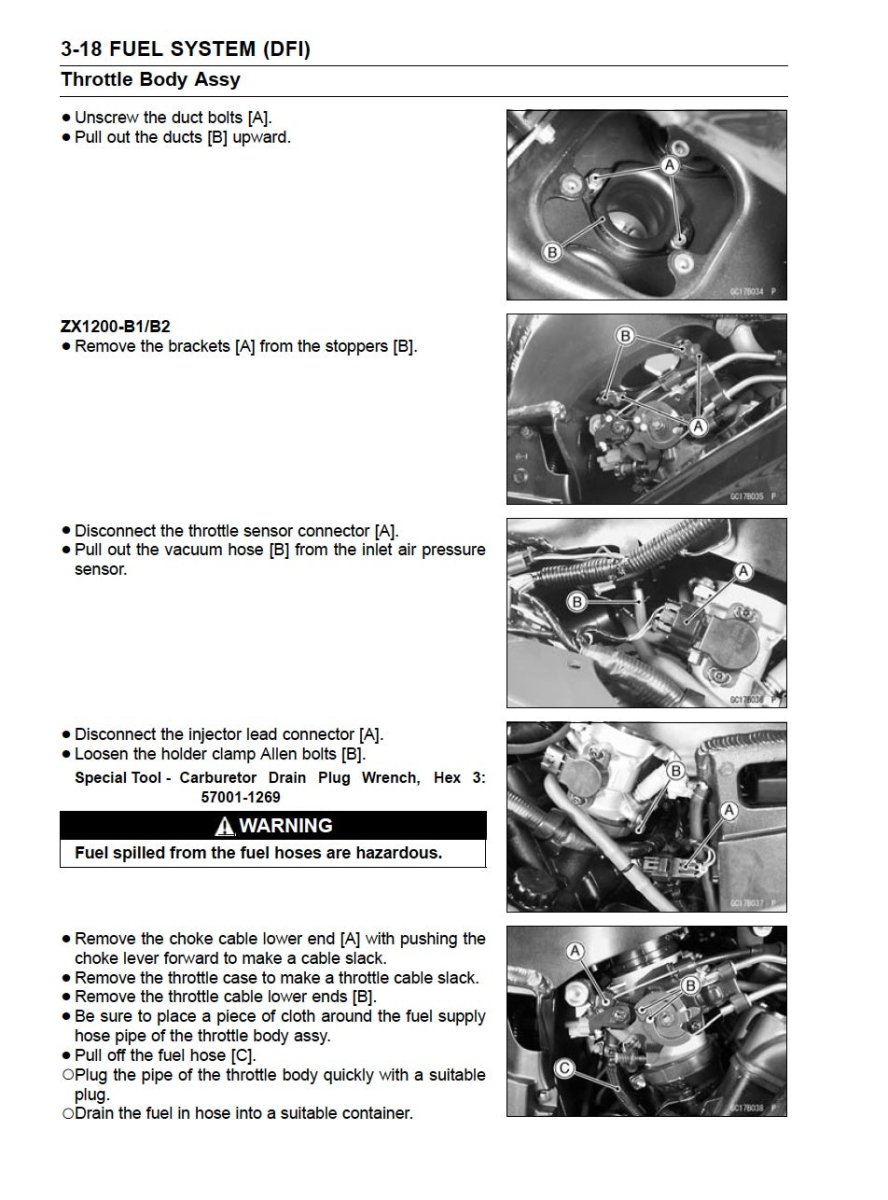 Technical diagram of a throttle body assembly removal process with step-by-step instructions.