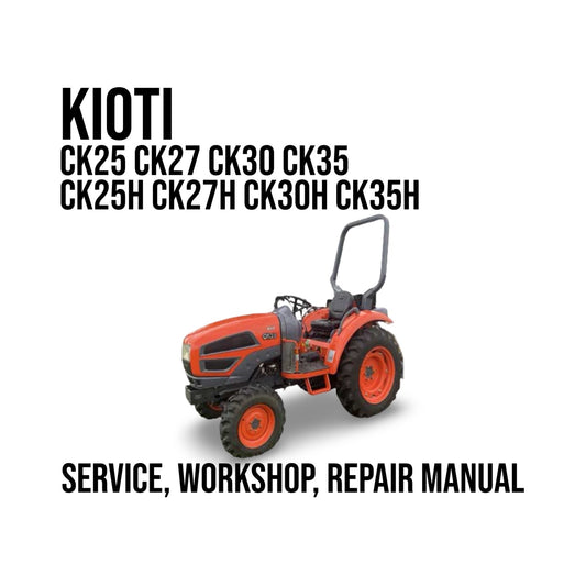 Kioti tractor with model numbers and text about a service, workshop, repair manual on a white background