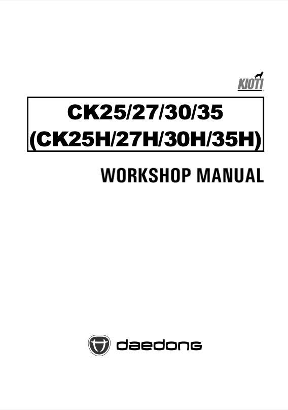 Workshop manual cover for Kioti CK25/27/30/35 and Daedong CK25H/27H/30H/35H equipment on a white background.