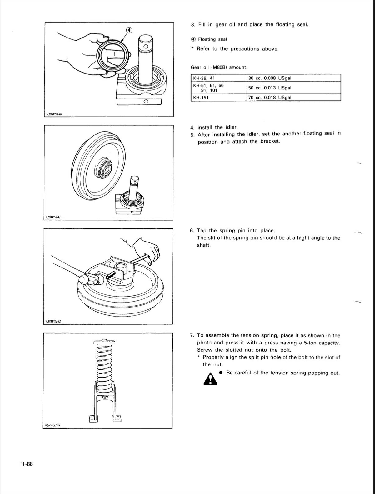 A printed instruction sheet with numbered steps and line drawings showing how to install and adjust a floating seal on a gear oil pump. The page includes diagrams, a small table with oil levels, and safety notes on a white background.
