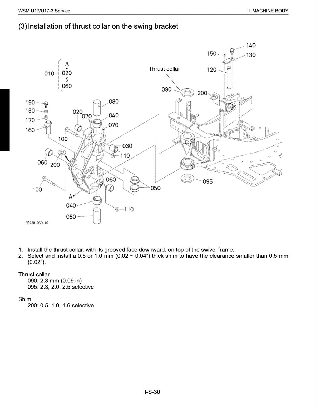 Black and white technical schematic diagram from a service manual showing the installation of a thrust collar on a swing bracket, with part numbers and installation instructions.