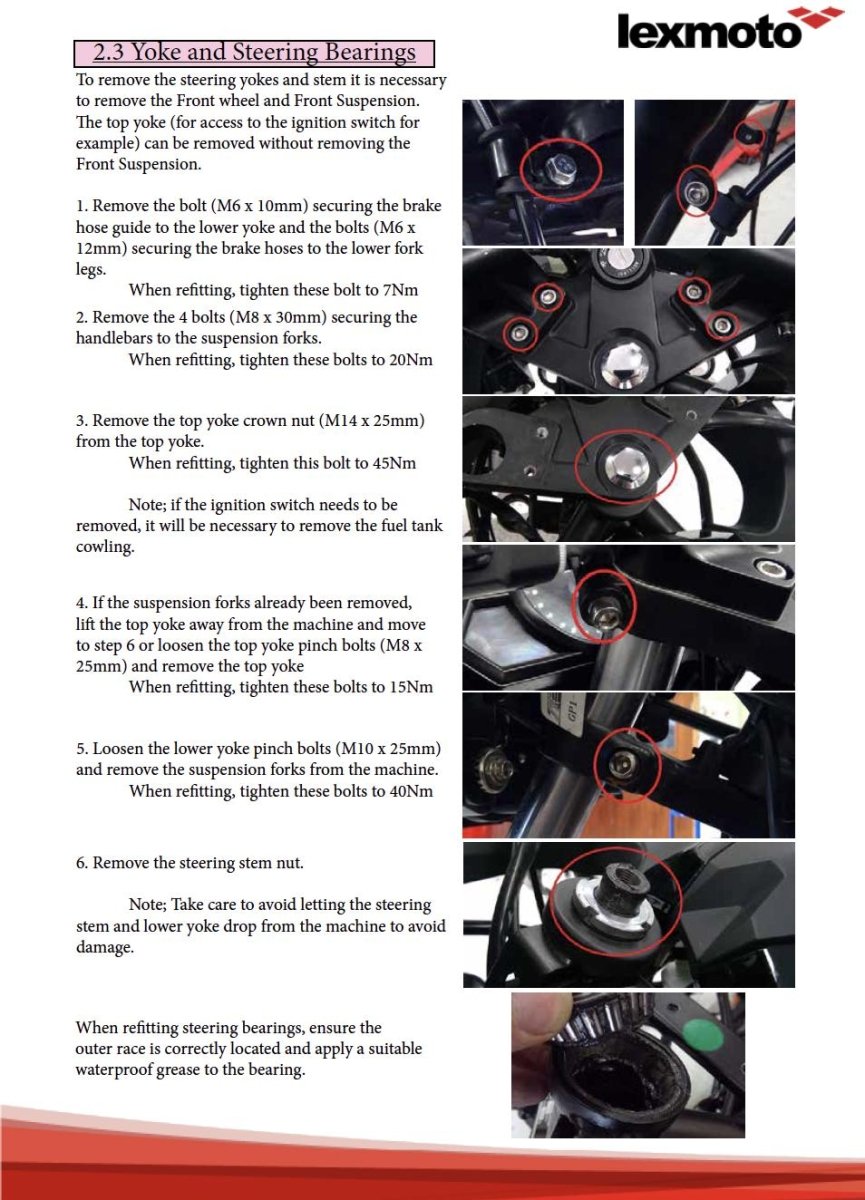 Lemoto motorcycle maintenance manual with step-by-step instructions on removing yoke and steering bearings.
