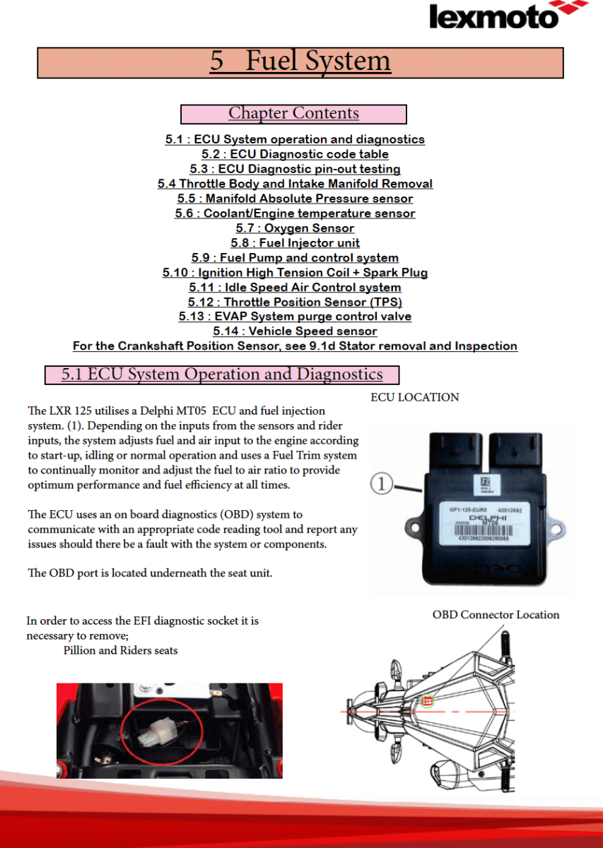 Technical manual page on lexmoto LXR 125 fuel system with diagrams and text.