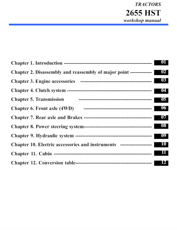 Table of contents for a tractor workshop manual titled '2655 HST'.