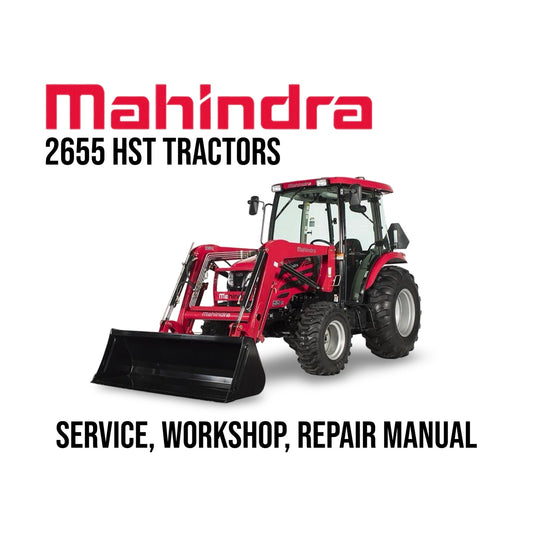 Red Mahindra 2655 HST Tractor on a white background with text about service, workshop, and repair manual.