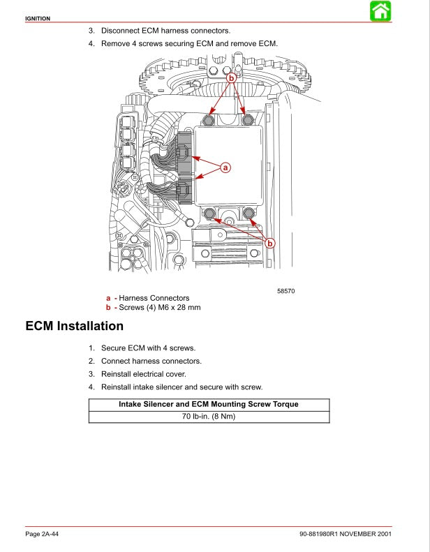 Technical diagram and instructions for ECM installation on a vehicle, with text and arrows indicating steps.