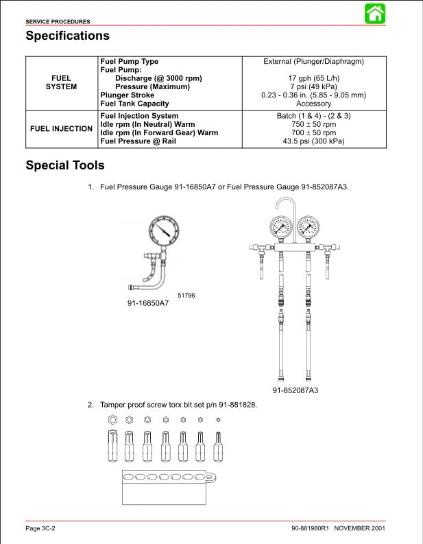 Technical specifications and tools for a fuel system on a white background