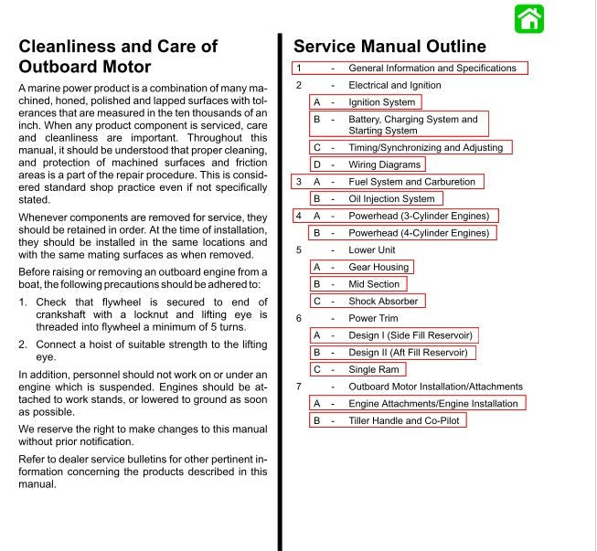 Service manual outline for outboard motor care and cleaning with text and numbered sections.