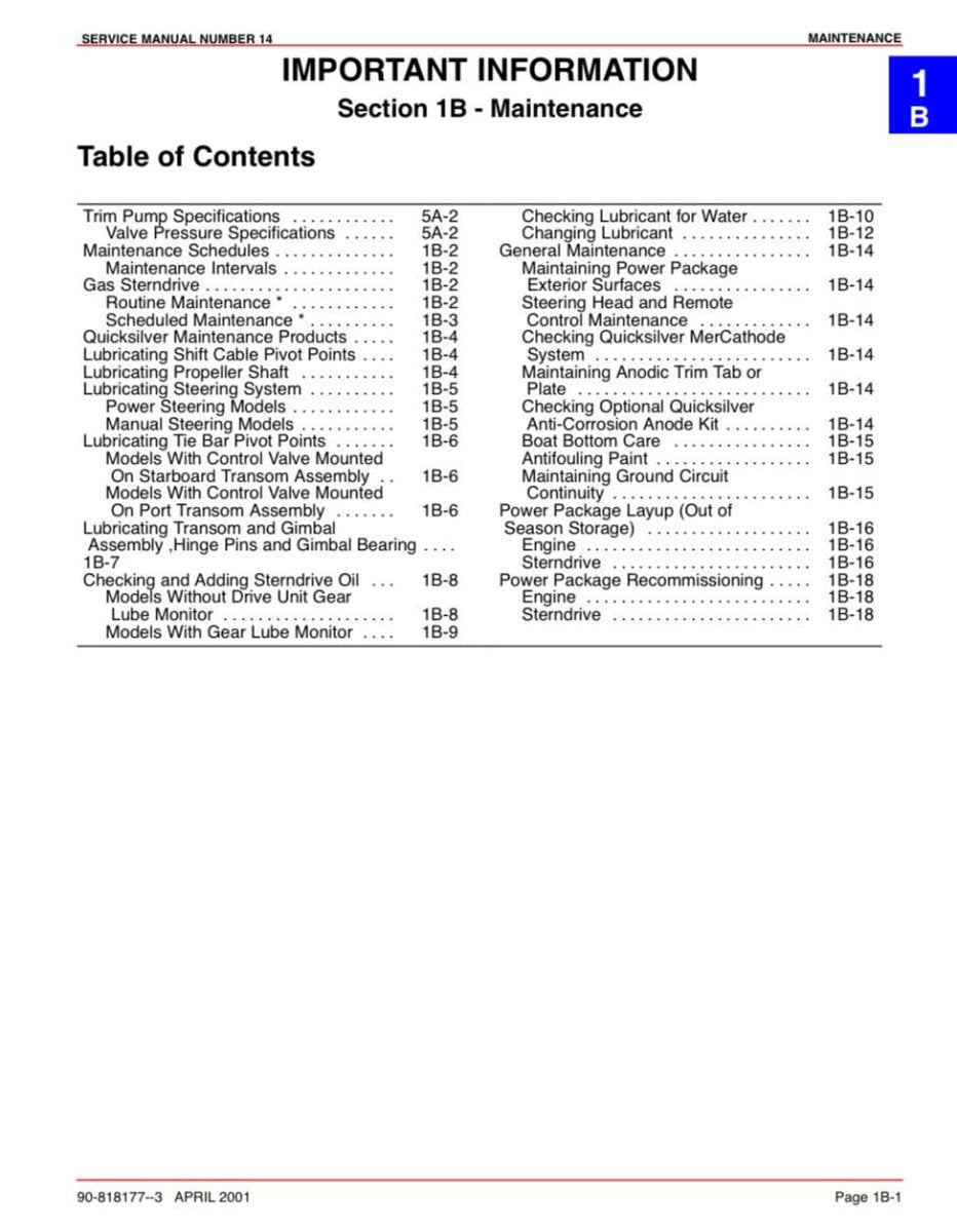 Table of contents for a maintenance manual on a white background