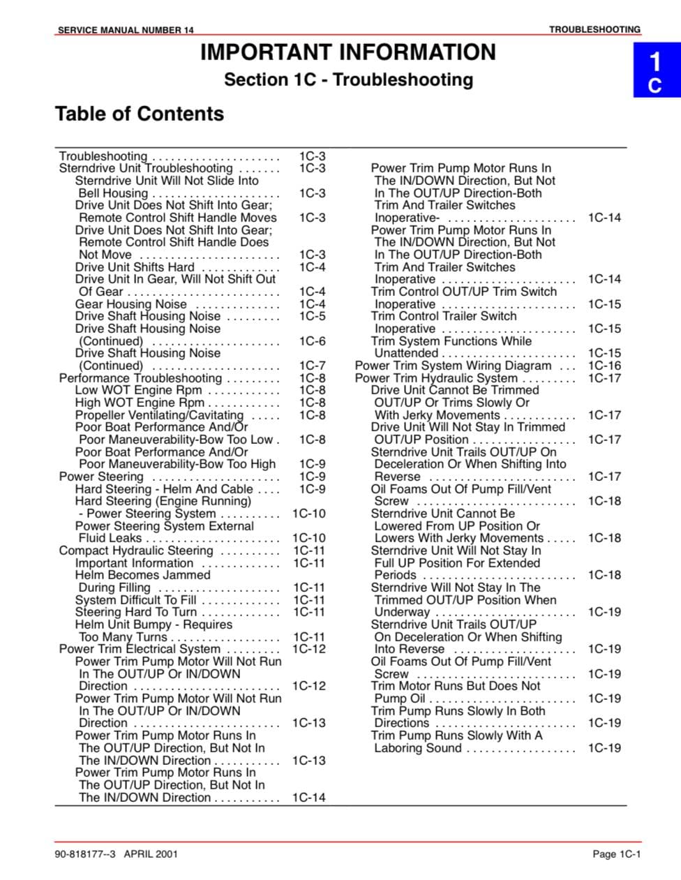 Table of contents for a troubleshooting section of a service manual, with a focus on power trim pump motor issues.