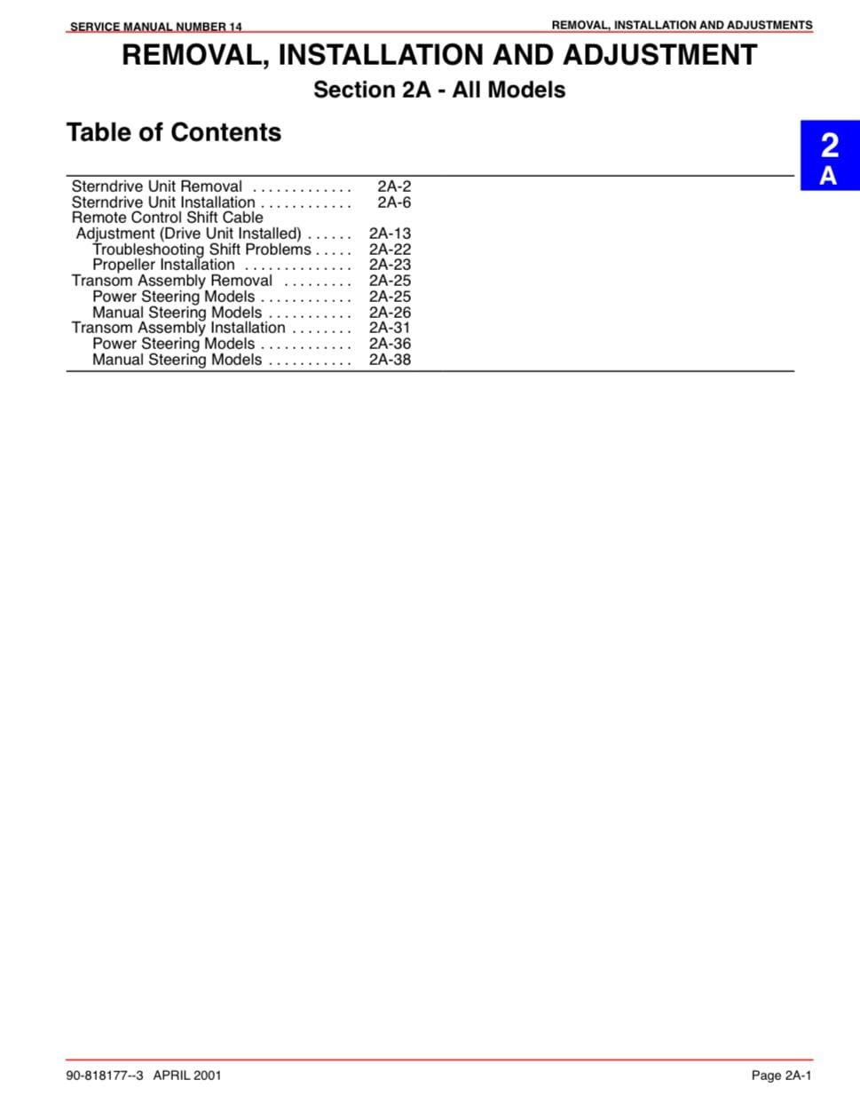Table of contents for a automotive repair manual on removal, installation, and adjustment.