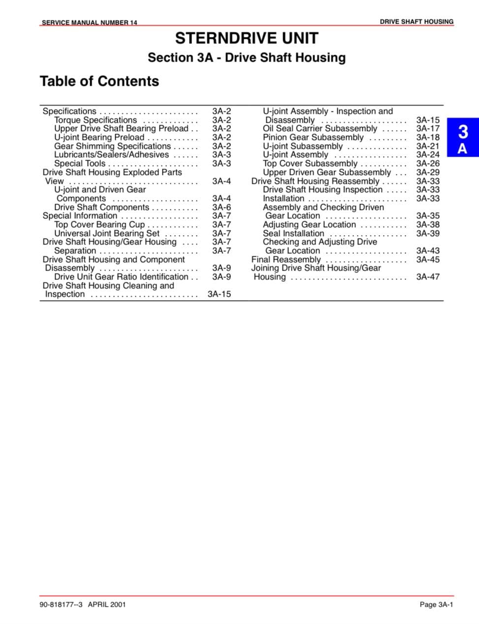 Table of contents for a sterndrive unit service manual on a white background