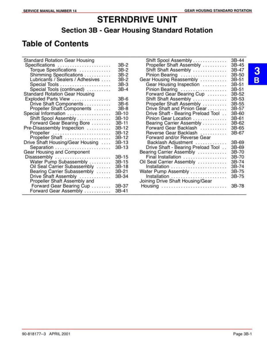 Table of contents for a sterndrive unit service manual with section headings and page numbers.