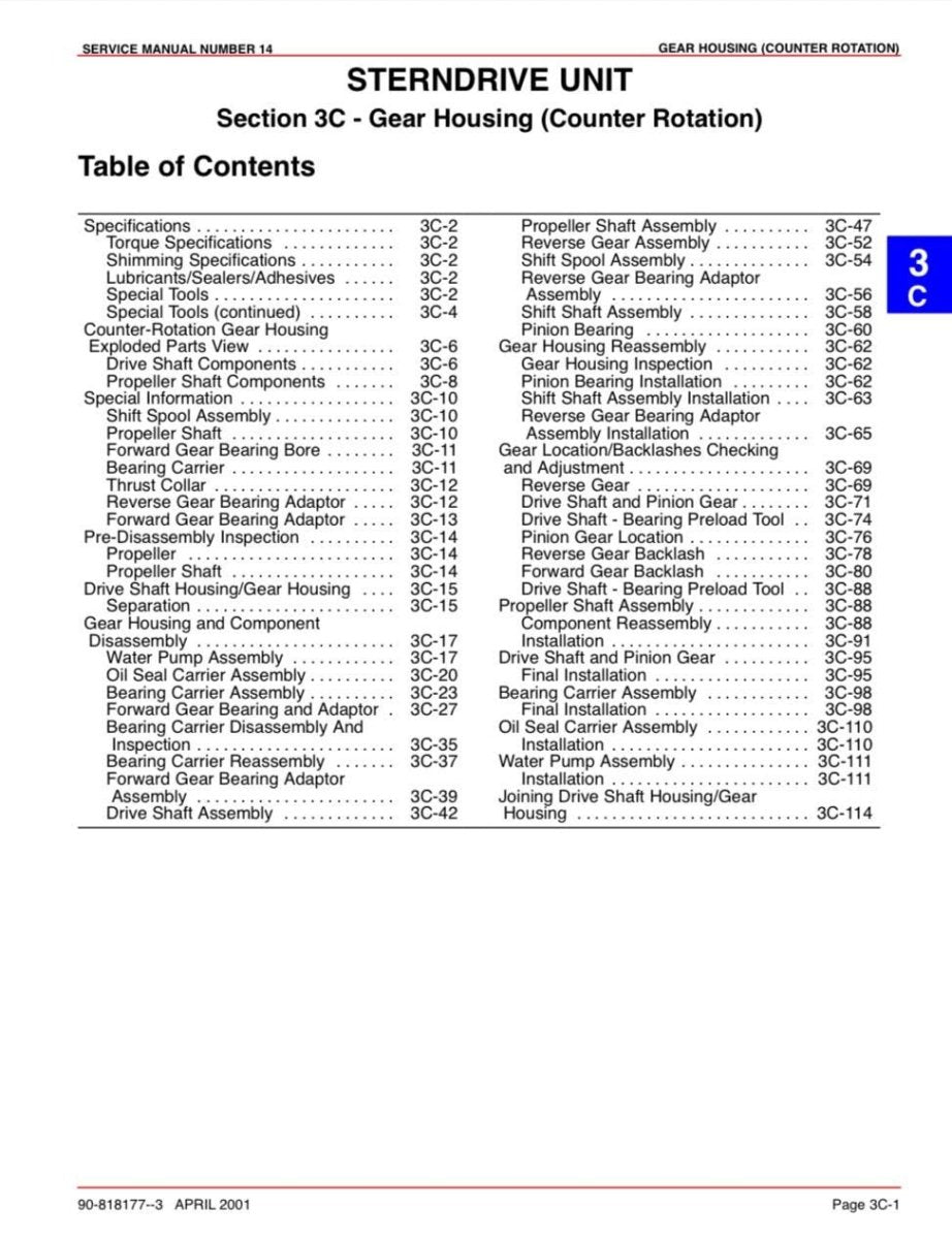 Table of contents for a stern drive unit service manual on gear housing and counter rotation.