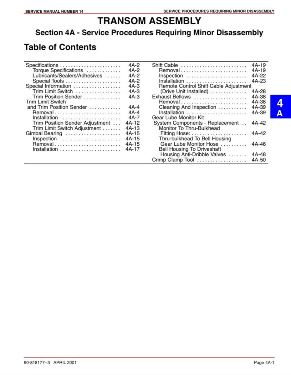 Table of contents for atransom assembly service manual with section headings.