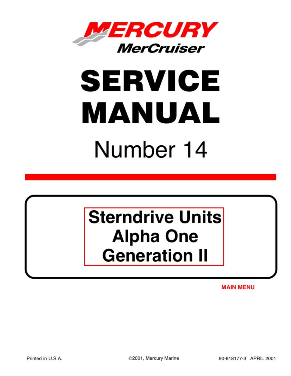 Mercury Mercruiser service manual cover for Sterndrive Units Alpha One Generation II