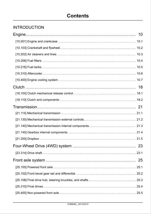 Table of contents for a technical manual on automotive systems.