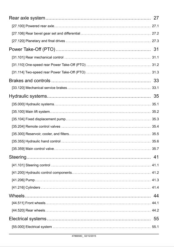 Table of contents for a technical manual on vehicle systems
