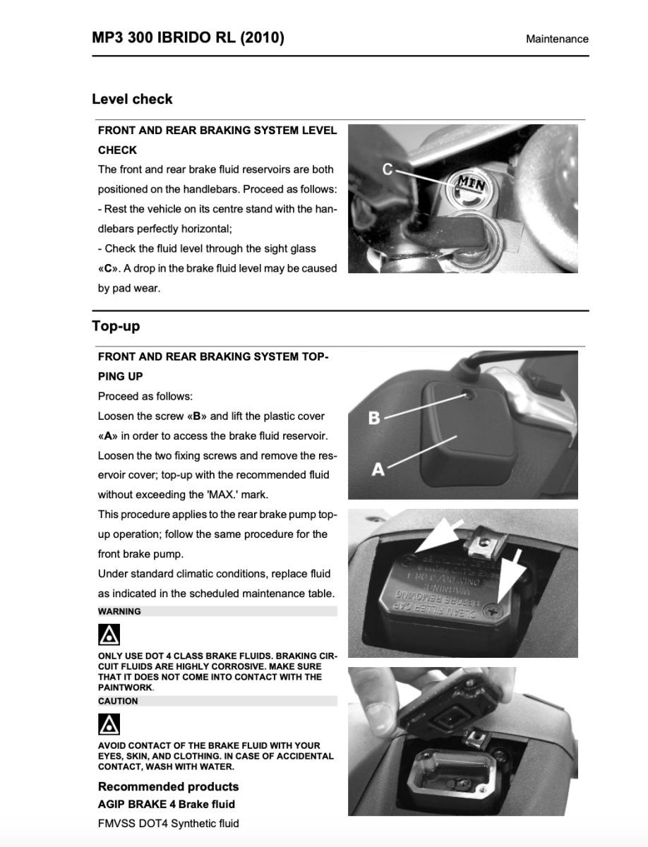 Brake fluid level check and top-up instructions for a vehicle, including images of the process.